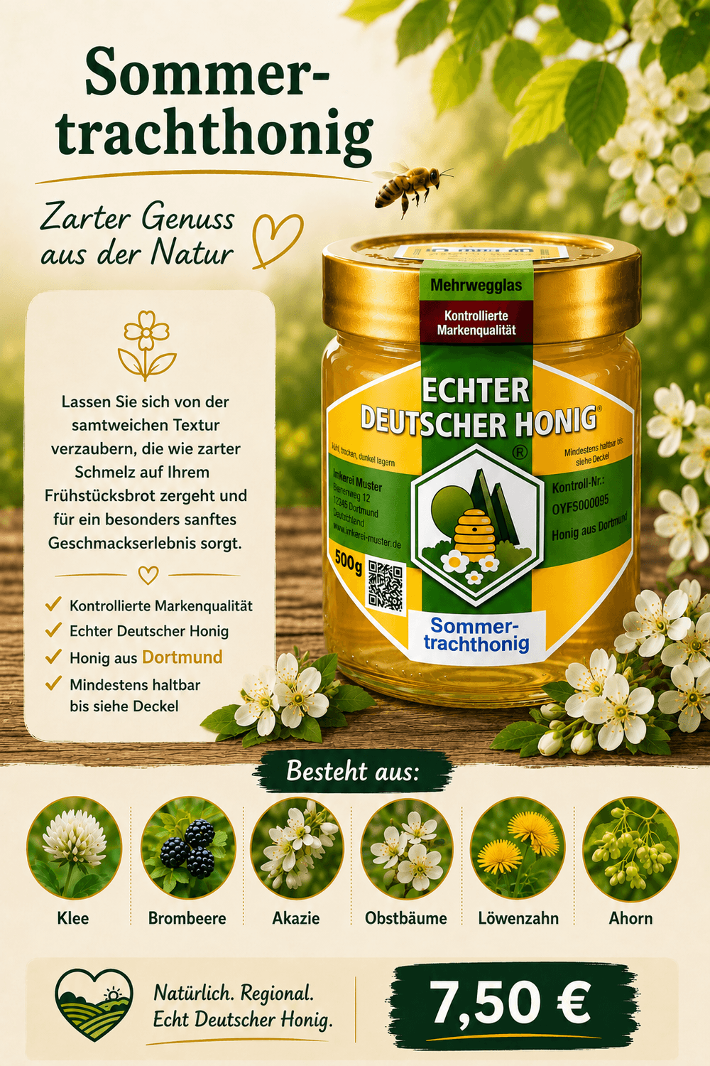 Sommertrachthonig – Trachtpflanzen: Klee, Brombeere, Akazie, Obstbäume, Löwenzahn, Ahorn