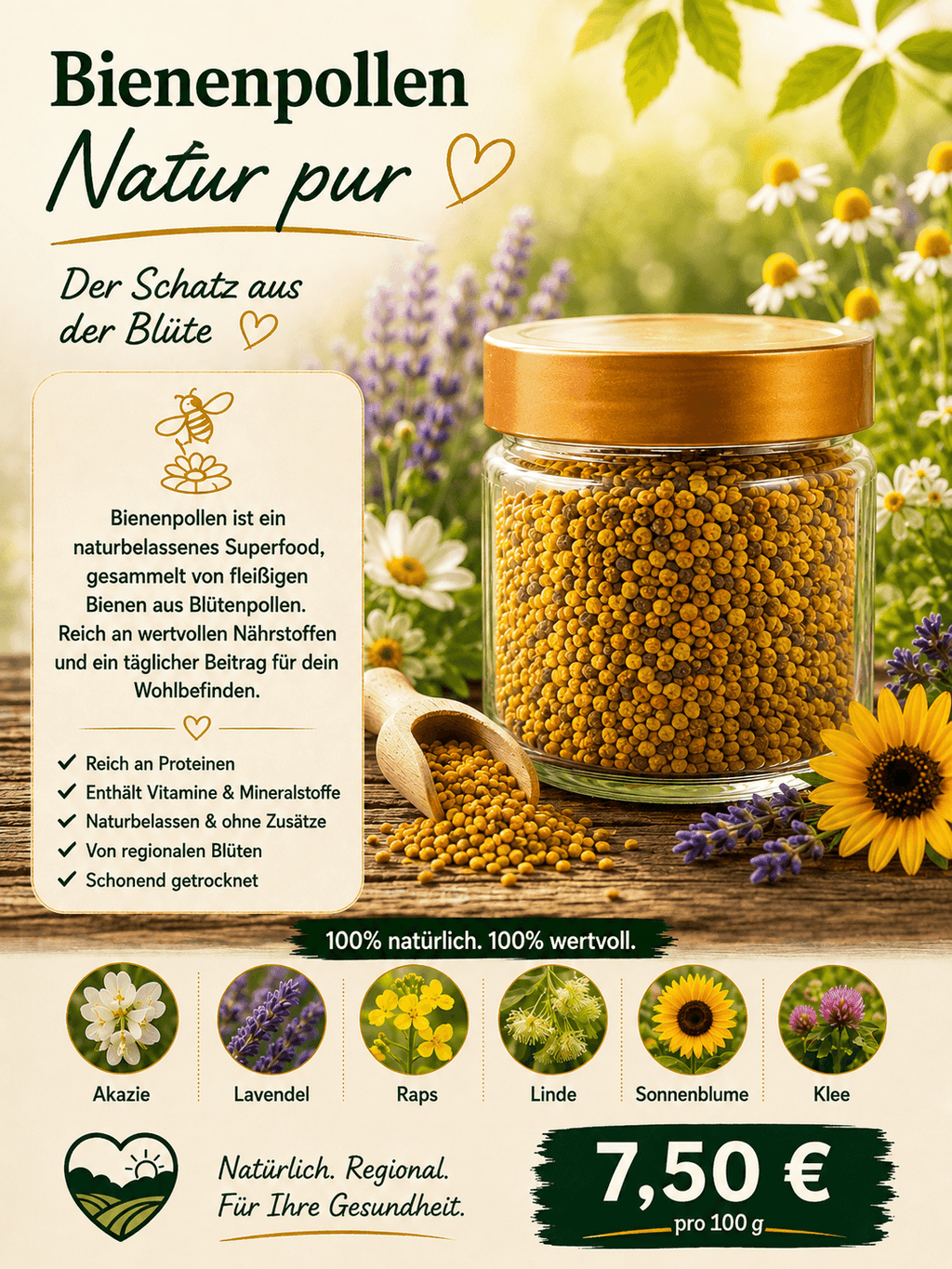 Bienenpollen – Blüten: Akazie, Lavendel, Raps, Linde, Sonnenblume, Klee