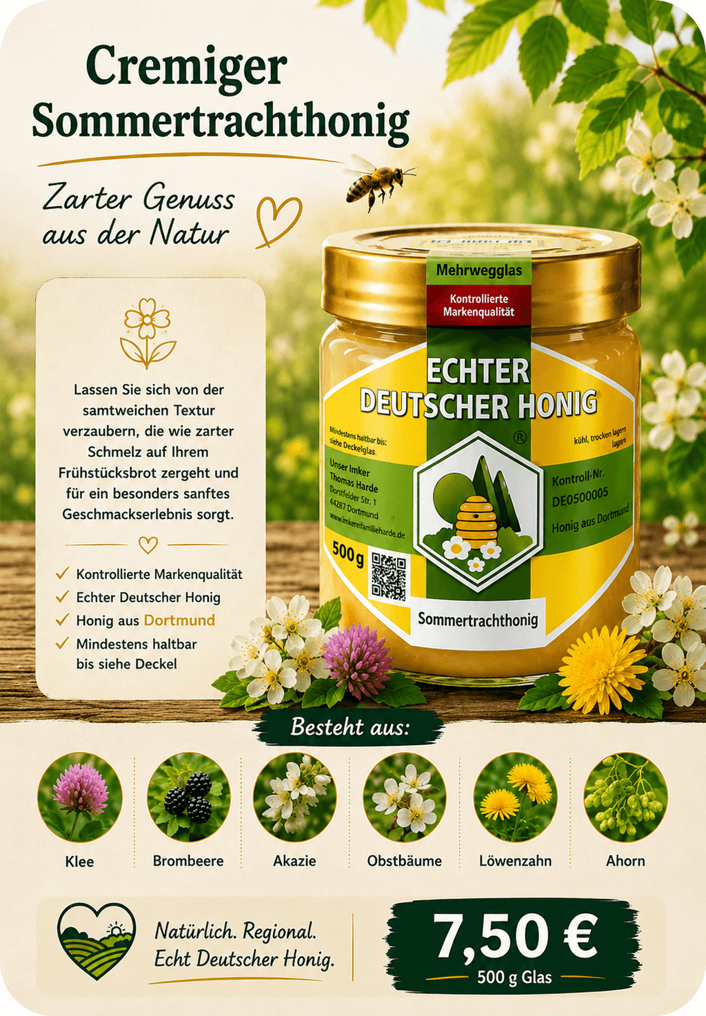 Cremiger Sommertrachthonig – Trachtpflanzen: Klee, Brombeere, Akazie, Obstbäume, Löwenzahn, Ahorn