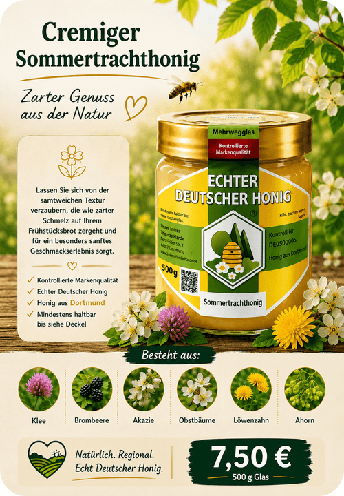 Cremiger Sommertrachthonig – Trachtpflanzen: Klee, Brombeere, Akazie, Obstbäume, Löwenzahn, Ahorn