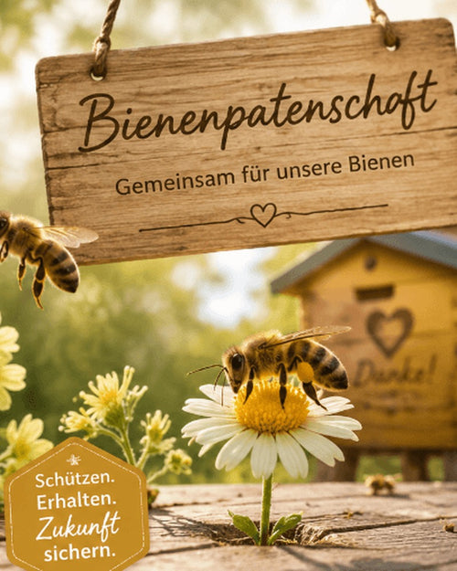Holzschild Bienenpatenschaft, Biene auf Gänseblümchen vor einem Bienenstock