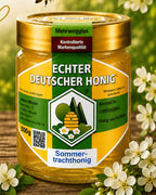 Glas flüssiger Sommertrachthonig 500 g der Imkerei Harde zwischen weißen Blüten