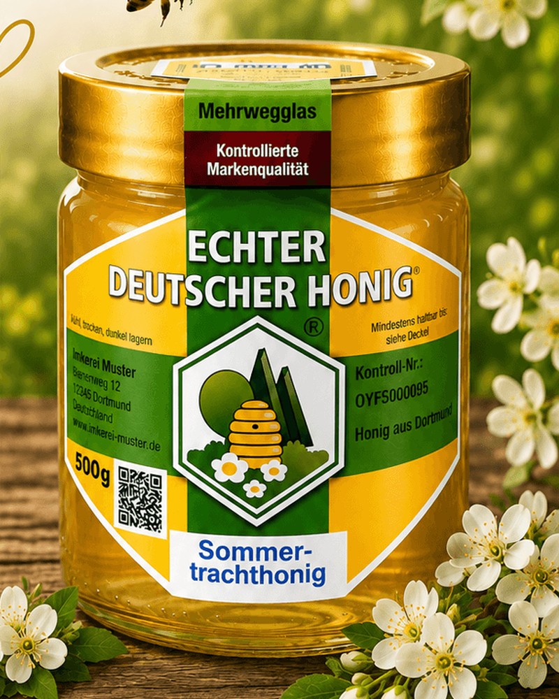 Glas flüssiger Sommertrachthonig 500 g der Imkerei Harde zwischen weißen Blüten