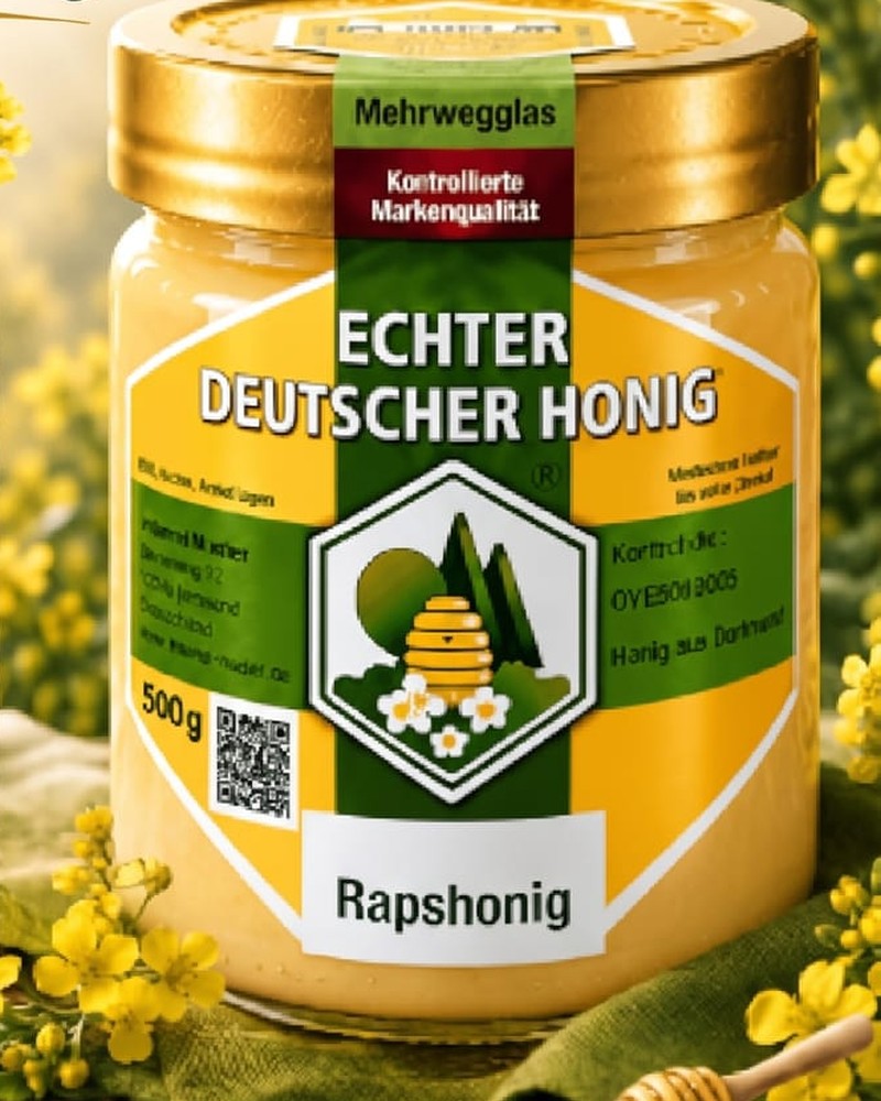 Glas cremiger Rapshonig 500 g der Imkerei Harde vor Rapsblüten