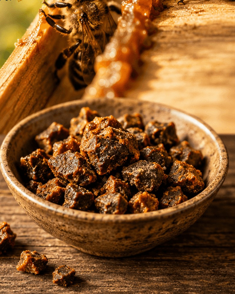 Schale mit Rohpropolis der Imkerei Harde, dahinter Bienen am Holzrahmen