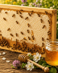 Wabenhonig im Holzrahmen mit Bienen, Honiglöffel und Honigglas