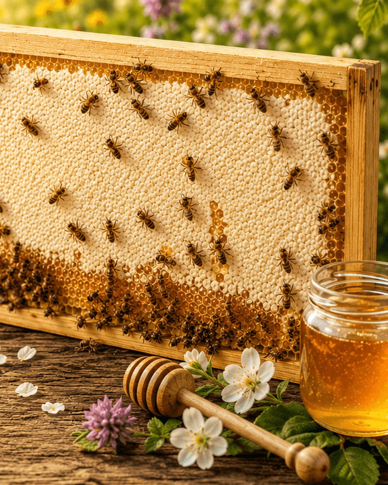 Wabenhonig im Holzrahmen mit Bienen, Honiglöffel und Honigglas